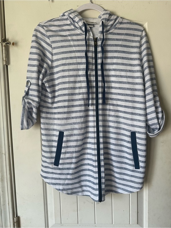 Wild Palms Sweaters - Wild Palm Stripe Full-Zip Hooded Tunic Jacket - Blue/White - Size Small